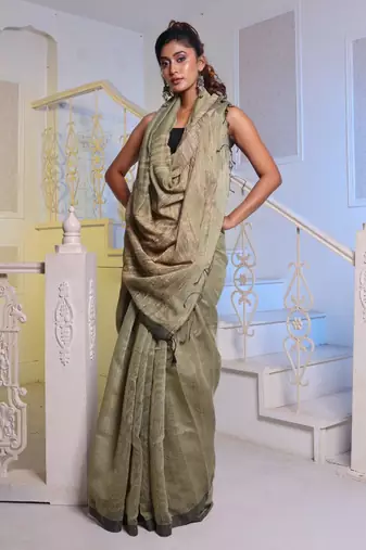 Beige Cotton Blend Handwoven Saree With Gheecha Pallu