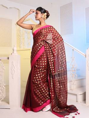 Maroon Handwoven Cotton Blend Soft Saree With Zari Woven Checked Box Design 2