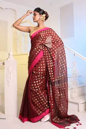 Maroon Handwoven Cotton Blend Soft Saree With Zari Woven Checked Box Design