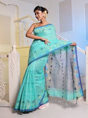 Sea Green Cotton Blend Handwoven Saree With Woven Floral Designs 2
