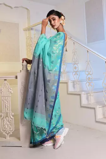 Sea Green Cotton Blend Handwoven Saree With Woven Floral Designs