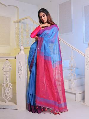 Sky Blue Handwoven Cotton Blend Soft Saree With Mirror Work 2