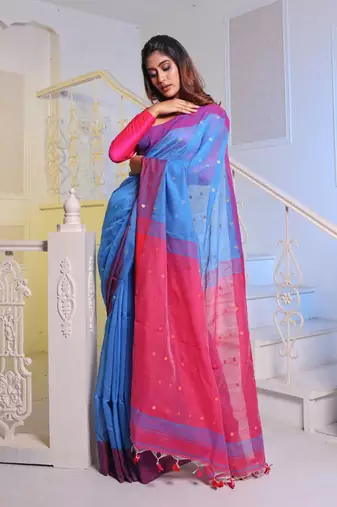 Sky Blue Handwoven Cotton Blend Soft Saree With Mirror Work