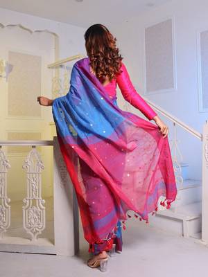 Sky Blue Handwoven Cotton Blend Soft Saree With Mirror Work 4