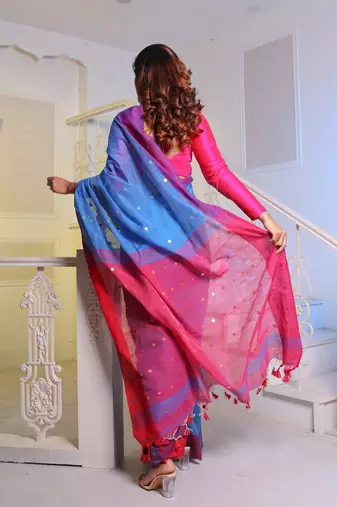 Sky Blue Handwoven Cotton Blend Soft Saree With Mirror Work