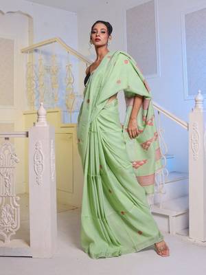 Light Green Cotton Handwoven Soft Saree With Zari Borders 2