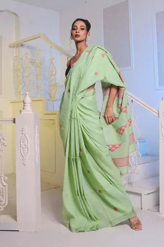 Light Green Cotton Handwoven Soft Saree With Zari Borders