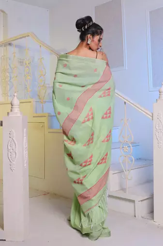Light Green Cotton Handwoven Soft Saree With Zari Borders