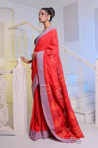 Red Cotton Soft Saree With Textured Designs