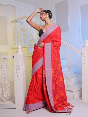 Red Cotton Soft Saree With Textured Designs 3