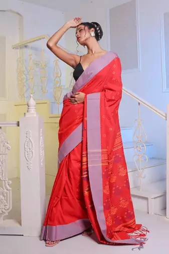 Red Cotton Soft Saree With Textured Designs
