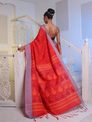 Red Cotton Soft Saree With Textured Designs 4
