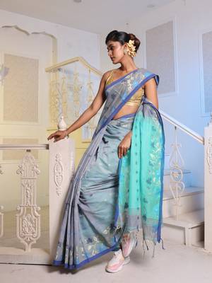 Grey Cotton Blend Handwoven Saree With Woven Floral Designs 2