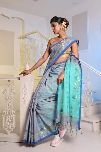 Grey Cotton Blend Handwoven Saree With Woven Floral Designs