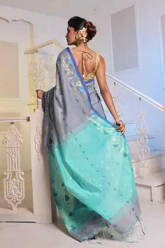 Grey Cotton Blend Handwoven Saree With Woven Floral Designs