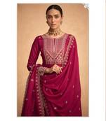 Dark pink silk blend embroidery straight fit palazzo suits
