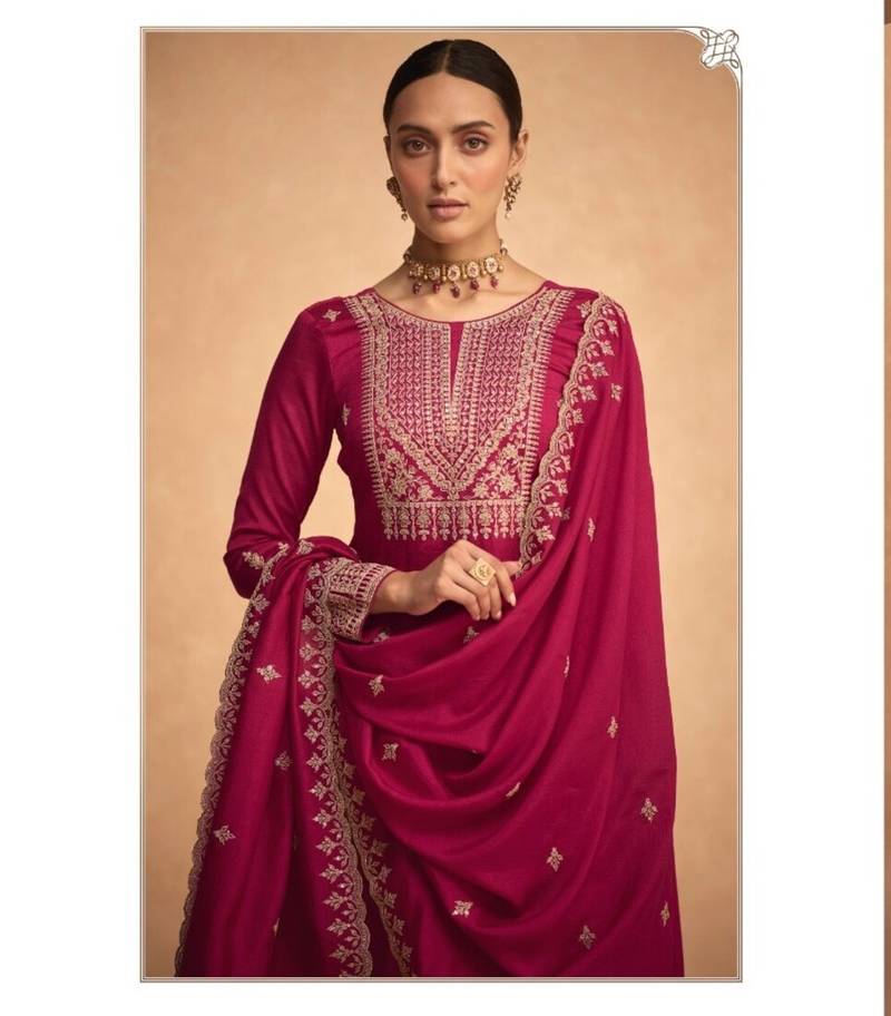 Dark pink silk blend embroidery straight fit palazzo suits