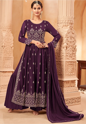Women's Wine Faux Georgette Resham Work Bollywood Style Heavy Partywear Nyra Cut Kurta Sharara Set 1
