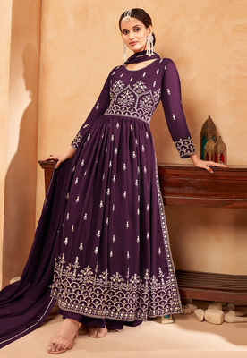 Women's Wine Faux Georgette Resham Work Bollywood Style Heavy Partywear Nyra Cut Kurta Sharara Set 2
