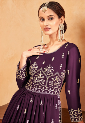 Women's Wine Faux Georgette Resham Work Bollywood Style Heavy Partywear Nyra Cut Kurta Sharara Set 3