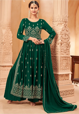 Women's Green Faux Georgette Resham Work Bollywood Style Heavy Partywear Nyra Cut Kurta Sharara Set 1