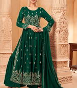 Women's Green Faux Georgette Resham Work Bollywood Style Heavy Partywear Nyra Cut Kurta Sharara Set