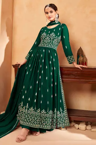 Women's Green Faux Georgette Resham Work Bollywood Style Heavy Partywear Nyra Cut Kurta Sharara Set