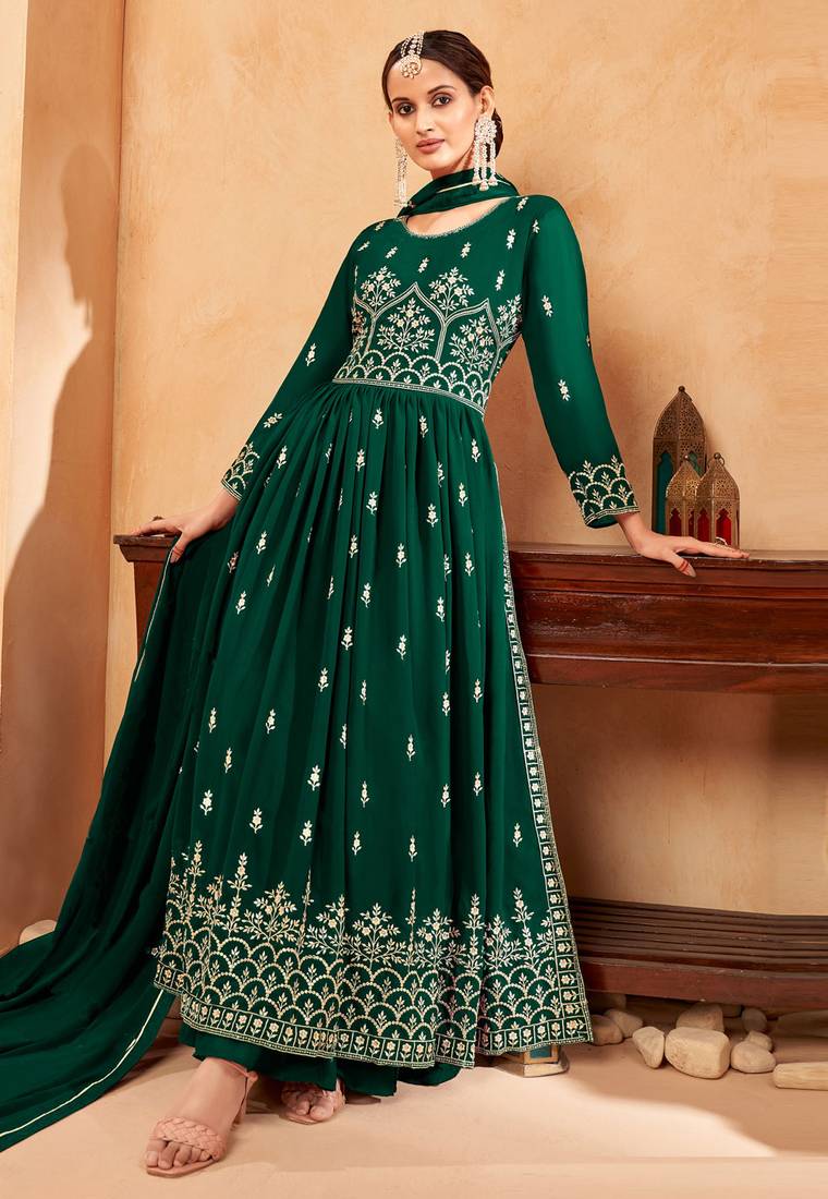 Women's Green Faux Georgette Resham Work Bollywood Style Heavy Partywear Nyra Cut Kurta Sharara Set