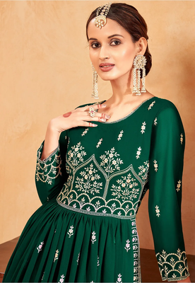 Women's Green Faux Georgette Resham Work Bollywood Style Heavy Partywear Nyra Cut Kurta Sharara Set 3