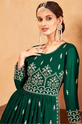 Women's Green Faux Georgette Resham Work Bollywood Style Heavy Partywear Nyra Cut Kurta Sharara Set