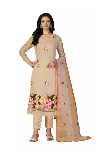 Women's beige unstitched heavy chain embroidery with embroidered dupatta modal silk dress material (m-msmfc11268a)