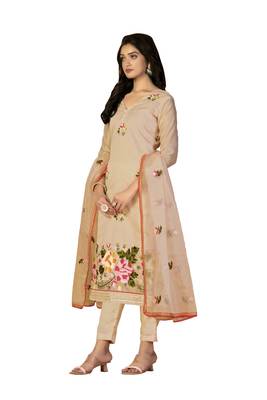 Women's beige heavy chain embroidery with embroidered dupatta modal silk dress material 2