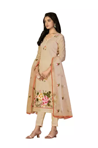 Women's beige heavy chain embroidery with embroidered dupatta modal silk dress material