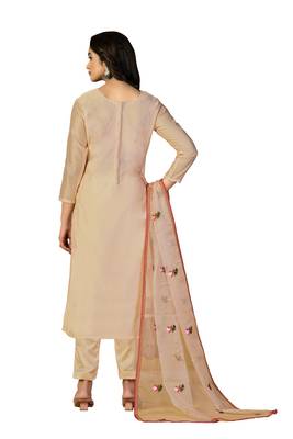 Women's beige heavy chain embroidery with embroidered dupatta modal silk dress material 3