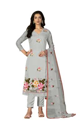 Women's grey heavy chain embroidery with embroidered dupatta modal silk dress material 1