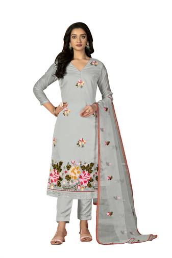 Women's grey unstitched heavy chain embroidery with embroidered dupatta modal silk dress material (m-msmfc11268b)