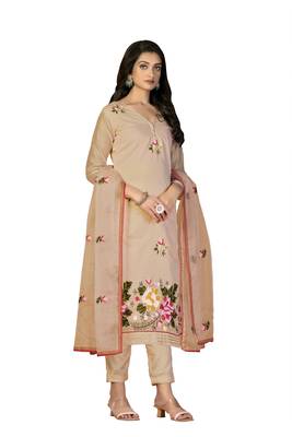 Women's beige heavy chain embroidery with embroidered dupatta modal silk dress material 4