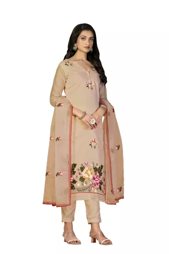 Women's beige heavy chain embroidery with embroidered dupatta modal silk dress material