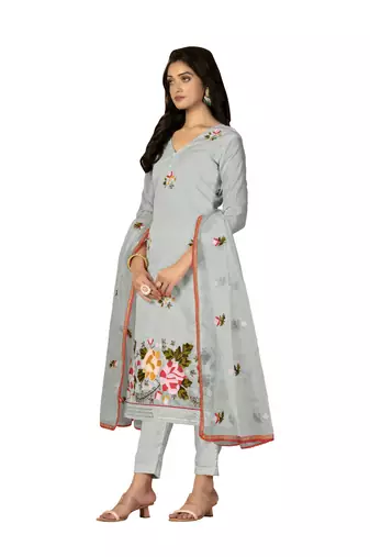 Women's grey heavy chain embroidery with embroidered dupatta modal silk dress material