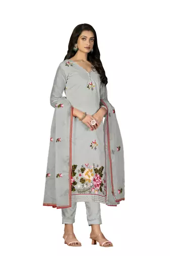 Women's grey heavy chain embroidery with embroidered dupatta modal silk dress material