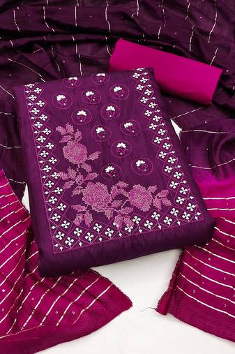 Women's purple unstitched heavy thread embroidery sequence work with embroidered dupatta silk dress material(rnx5014ppl)