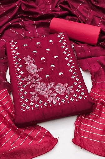 Women's maroon unstitched heavy thread embroidery sequence with embroidered dupatta silk dress material (rnx5014mrn)