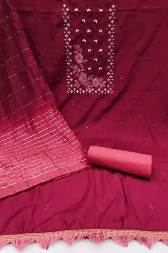 Women's maroon heavy thread embroidery sequence with embroidered dupatta silk dress material