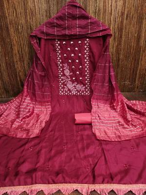 Women's maroon heavy thread embroidery sequence with embroidered dupatta silk dress material 3