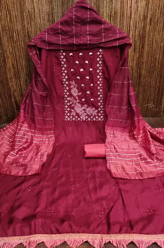 Women's maroon heavy thread embroidery sequence with embroidered dupatta silk dress material