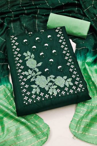 Women's green unstitched heavy embroidery sequence work with  embroidered dupatta silk dress material (rnx5014grn)