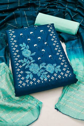 Women's blue unstitched heavy embroidery sequence work with embroidered dupatta coco silk dress material (rnx5014blu)