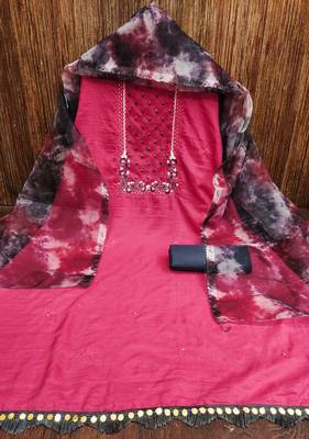 Women's pink heavy embroidery sequence work with printed dupatta parampara silk dress material 3