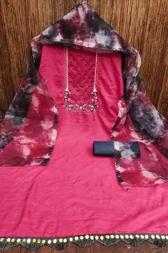 Women's pink heavy embroidery sequence work with printed dupatta parampara silk dress material