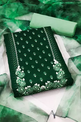 Women's green unstitched heavy embroidery sequence work with printed dupatta parampara silk dress material (rnx5012grn)